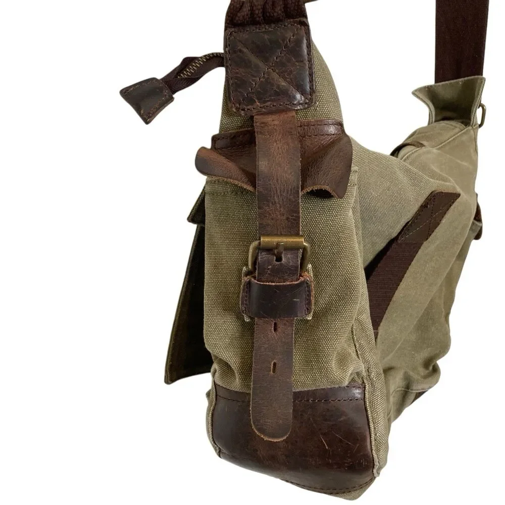 Vintage Military Leather Canvas Laptop Bag Messenger Army Green Adjustable Strap